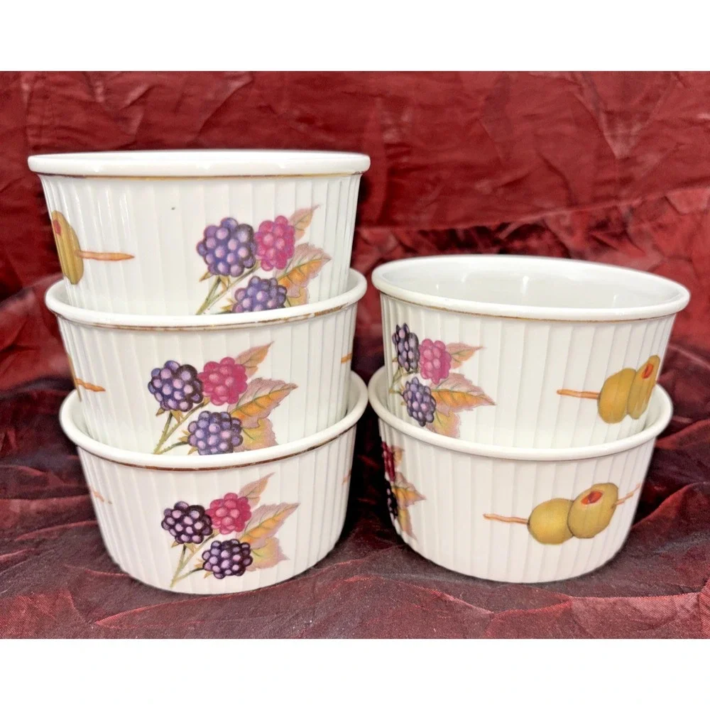 Royal Worcester Evesham Gold Ramekins (5) England Porcelain Berries Olives EUC